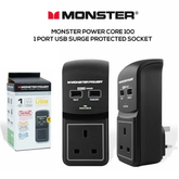 Monster Power Core 100 Surge Protected Socket with 2 USB Charging Ports, Black Monster